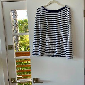 Splendid Striped Long Sleeve Tee in White and Navy,‎ Buttons Down Back, Size M